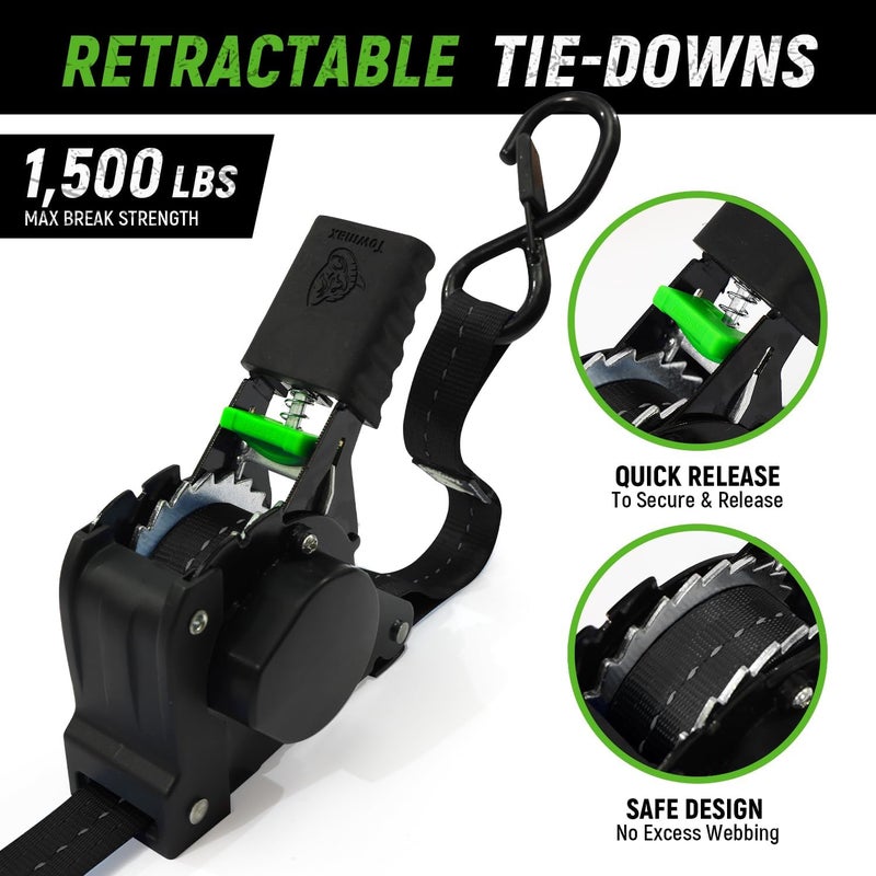 Tow-max Retractable Ratchet Straps(4 Pack) - 1in x 10ft Self Retracting Ratchet Straps with Soft Loops, 1,500 lbs Break Strength Retractable Tie Down Straps, Easy Retract for Motorcyle, Cargo, Truck, Trailer - Image 2